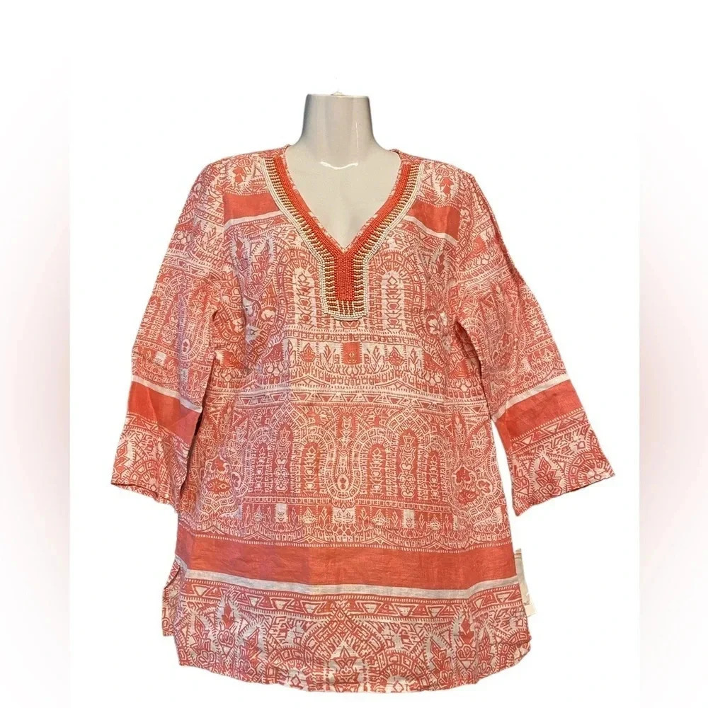 NWT Charter Club Luxury 100% Linen Beaded Tunic Top